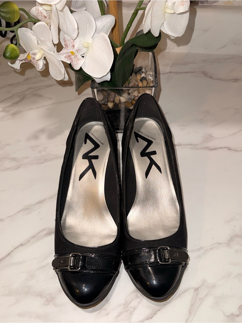 Anne Klein Black Women's Low Heel Pumps with Patent Cap Toe